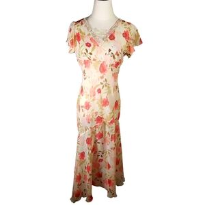 Vtg Y2K 90's Midi Dainty Whimsical Fairy Bias Floral Flutter Sleeve Aysemtrical